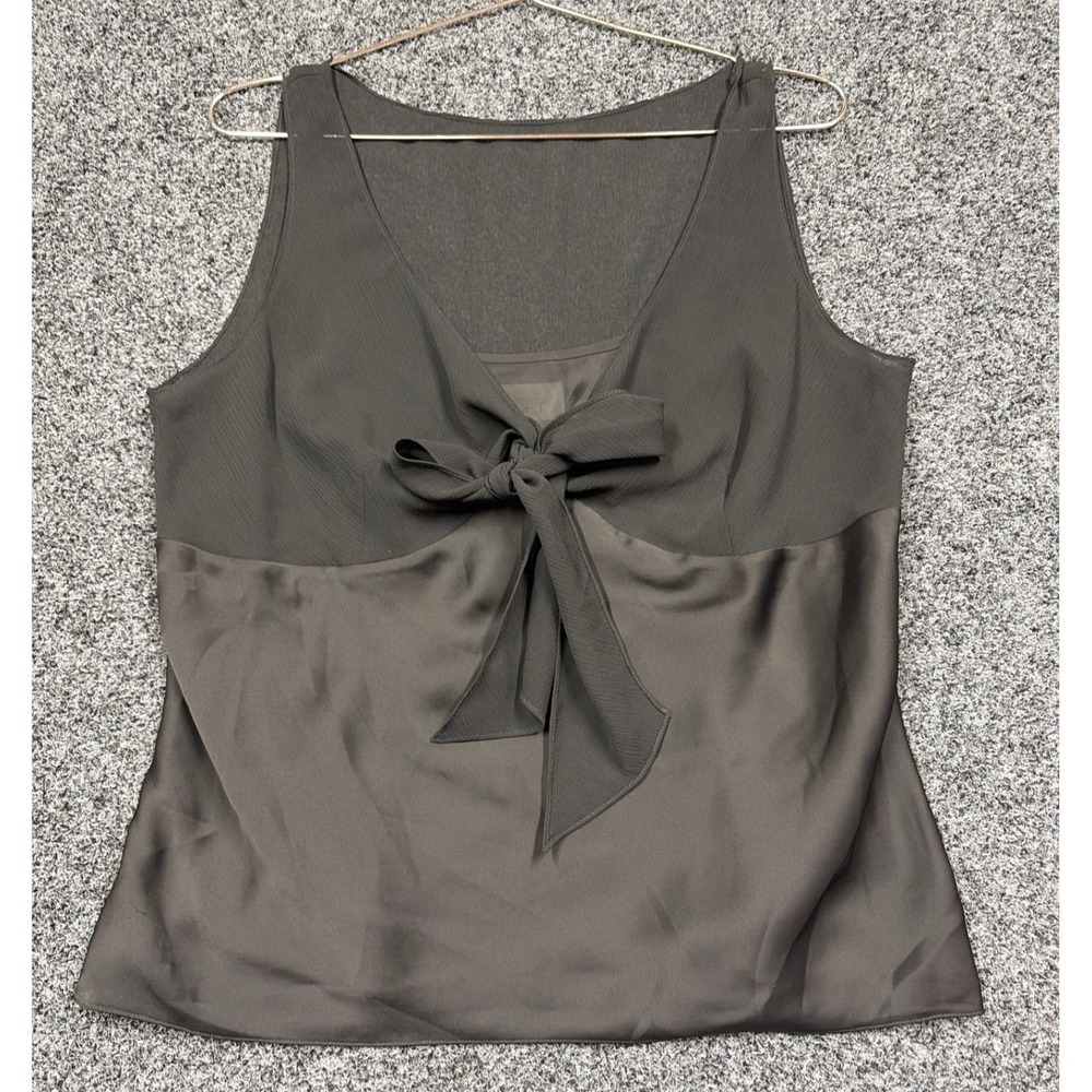 Ann Taylor Loft Top Womens 14 Black Bow Front Chiffon Satin Mixed Media NWT SEO